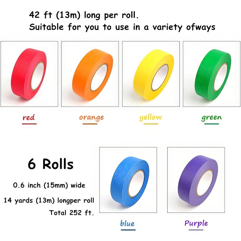 JIMROLA 6 Rolls Colored Masking Tape，colored painters tape，0.6" x14.3Yard Drafting Tape,Colored Painters Tape for Arts and Crafts，Labeling Tape, Paper Tape,DIY Decorative Coding Decoration Teaching Supplies - Image 3